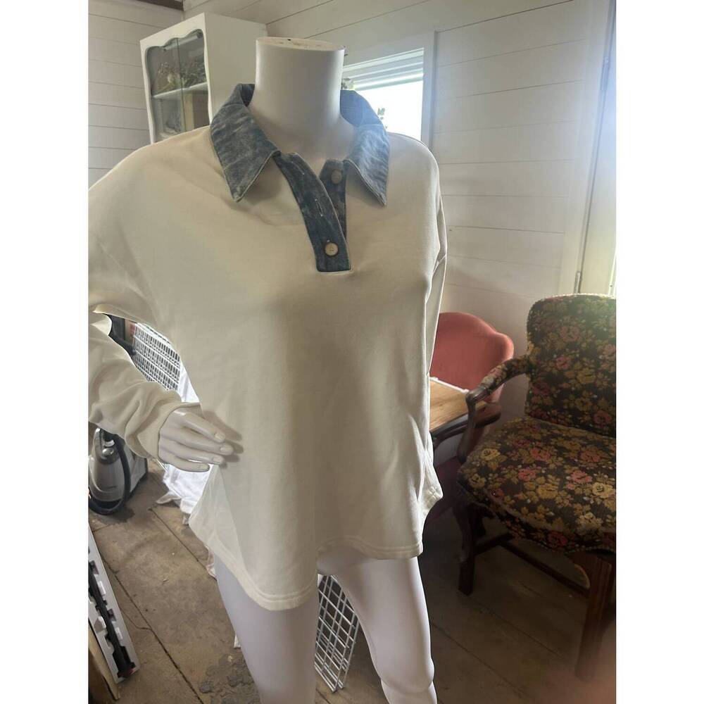 NEW MYSTREE women's denim collar polo shirt in vintage white